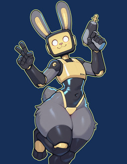 3_toes 5_fingers ambiguous_gender anthro black_bodysuit blush body_suit clothing cybernetics feet fingers for_a_head fur gesture grey_body grey_fur gun hip_tuft holding_gun holding_object holding_weapon machine one_leg_up outline pear-shaped_figure pinup pose rabbit_ears raised_leg ranged_weapon raygun robot_joints robotic_arms robotic_legs screen screen_face scut_tail short_tail solo squish television thick_thighs thigh_squish toes tuft v_sign weapon wide_hips yellow_clothing anotherarcticfox mascot_2025 cyborg lagomorph leporid mammal object_head rabbit robot screen_head tv_head hi_res