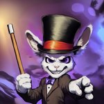 4_fingers anthro bowtie clothing evil_grin eyebrows fingers fur hat headgear headwear lagomorph leporid looking_at_viewer magic_wand male mammal nelepus purple_background purple_eyes rabbit simple_background smile solo suit thick_eyebrows top_hat white_body white_fur