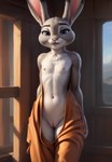 anthro breasts clothing ears_up female genitals inside jumpsuit looking_at_viewer nipples presenting pussy small_breasts solo undressing zootopia wolf552906 judy_hopps lagomorph leporid mammal rabbit absurd_res hi_res