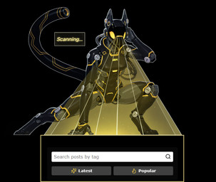 anthro black_background black_body breasts cables crouching female hand_on_ground hand_on_head light machine outline scanlines scanning screen screen_face simple_background solo speaker_ears tail text white_outline yellow_trim burioth e6ai mascot_2025 android robot absurd_res alternate_version_at_source english_text full-length_portrait hi_res portrait