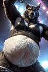 anthro belly big_belly black_body black_bottomwear black_clothing black_fur black_shirt black_shorts black_tank_top black_topwear bottomwear clothing fur male oral_vore shirt shorts smile smirk solo solo_focus tank_top topwear vore white_body white_fur yellow_eyes l649000 canid canine canis mammal were werecanid werecanine werewolf wolf attempted_signature hi_res