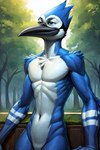 anthro beak feathered_crest feathers head_crest male nature navel slim_body solo birdovo regular_show mordecai_(regular_show) avian bird blue_jay corvid jay_(bird) new_world_jay oscine passerine hi_res