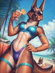 anthro armband beach beach_background beverage bikini bra clothing cloud container cup ears_up eyewear female glass glass_container glass_cup hand_on_hip holding_object legband looking_at_viewer neck_tuft outdoors palm_tree pixelsketcher plant seaside small_waist solo standing string_bikini sunglasses swimwear thighband tree tuft underwear unimpressed gshepanon canid canine canis domestic_dog german_shepherd herding_dog mammal pastoral_dog hi_res