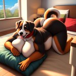 anthro anttheweirddoggo bedding bedding_background bedroom bedroom_eyes bernese_mountain_dog big_breasts big_butt black_nails black_nose bodily_fluids breasts butt canid canine canis chubby_female cloud collar colored_nails curled_tail domestic_dog dripping female fur lamp looking_at_viewer lying mammal molosser mountain_dog multicolored_body multicolored_fur nails narrowed_eyes on_front pillow plant red_collar red_eyes saint_bernard saliva saliva_drip saliva_on_tongue seductive sky slightly_chubby smile solo swiss_mountain_dog thick_thighs tongue tree wide_hips window