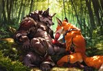 animal_genitalia animal_penis anthro balls canine_genitalia canine_penis duo eyes_closed fellatio forest genitals hand_on_knot hand_on_penis knot knot_grab male male/male oral penile penis plant sex tongue tongue_out tree tribal sysns canid canine canis fox mammal wolf hi_res