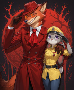 4_fingers anthro badge belt black_nose bottomwear breasts claws clothed clothing coat cosplay countershading crossover crossover_cosplay dipstick_ears dipstick_tail duo ear_markings eyewear facial_markings female fingers fully_clothed fur gesture glasses gloves grey_body grey_fur grin handwear hat head_markings headgear headwear inner_ear_fluff jacket long_ears looking_at_viewer male markings multicolored_body multicolored_ears multicolored_fur multicolored_tail necktie orange_body orange_fur pants pink_nose police police_uniform purple_eyes salute shirt short_tail simple_background size_difference smaller_female smile smiling_at_viewer standing tail tail_markings teeth topwear trenchcoat tuft uniform white_body white_fur alucard_(director) disney zootopia alucard_(hellsing) judy_hopps nick_wilde canid canine fox lagomorph leporid mammal rabbit red_fox absurd_res hi_res portrait