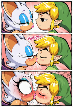 anthro blonde_hair blush bodily_fluids clothing crossover duo eye_contact female hair hat headgear headwear humanoid_on_anthro humanoid_pointy_ears interspecies kiss_on_lips kissing lipstick looking_at_another makeup male narrowed_eyes smile smiling_at_partner sound_effects surprise tears video_games wide_eyed anonymous_director nintendo sega sonic_the_hedgehog_(series) the_legend_of_zelda link rouge_the_bat bat humanoid hylian mammal comic hi_res