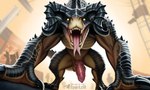 2_horns all_fours animal_genitalia animal_penis balls black_claws claws empty_eyes forked_tongue genitals horn knot looking_at_viewer low-angle_view male open_mouth penis semi-anthro sharp_teeth solo teeth text tongue tongue_out yellow_eyes sergalbutt fallout deathclaw scalie signature url