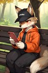 anthro black_clothing clothed clothing fur hair hat headgear headwear male nature orange_clothing orange_eyes phone shirt sitting smile solo solo_focus t-shirt topwear white_body white_fur nikfur canid canine fox mammal tail absurd_res hi_res