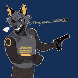 angry anthro armor bared_teeth black_body black_nose bottomwear breath cheek_tuft clothed clothing cybernetic_eye cybernetics dialogue facial_tuft frown fur gun handgun holding_gun holding_object holding_weapon hologram humor looking_aside machine male pants pistol ranged_weapon red_eyes simple_background solo teeth text topwear transparent_background tuft uniform weapon wrist_computer technical-grid e6ai mascot_2025 android canid canine canis cyborg mammal robot wolf alpha_channel english_text