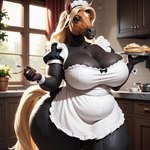 anthro big_breasts blonde_hair breasts clothing curvy_figure female hair kitchen kitchen_utensils maid_uniform solo thick_thighs tools uniform voluptuous wide_hips yellow_tail director_homer_26 equid equine horse mammal hi_res