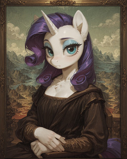 anthro breasts chest_tuft cleavage clothed clothing curled_hair dress face_focus female hair horn looking_at_viewer painting painting_(object) parody picture_frame renaissance renaissance_dress serious_face sitting sleeves solo tuft druge friendship_is_magic my_little_pony mona_lisa rarity_(mlp) equid equine horse mammal pony unicorn hi_res portrait