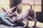 absurd_res all_fours bed bedroom bodily_fluids eeveelution espeon female feral furniture generation_2_pokemon genital_fluids genitals hi_res looking_at_viewer mammal pillow pokemon pokemon_(species) presenting pussy pussy_juice raised_tail seductive solo venisoncreampie