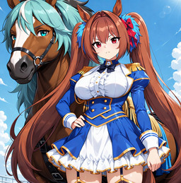 blue_eyes breasts brown_body brown_fur brown_hair clothing dress eyelashes female feral fur hair hand_on_hip long_hair looking_at_viewer mane outside pink_eyes solo standing twintails_(hairstyle) uma_musume_pretty_derby daiwa_scarlet_(pretty_derby) animal_humanoid equid equid_humanoid equine equine_humanoid horse horse_humanoid humanoid mammal mammal_humanoid invalid_tag