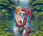 blonde_hair bracelet breasts clothed clothing duo eyes_closed female female/female hair humanoid_pointy_ears jewelry kissing lily_pad nipples non-mammal_breasts non-mammal_nipples pale_skin plant rock silver_(metal) topless topless_female tree waterfall white_clothing lightning7 nintendo the_legend_of_zelda mipha princess_zelda elf fish human humanoid mammal marine zora absurd_res hi_res