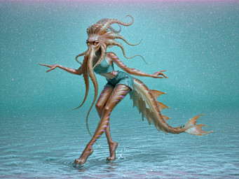 blue_bra blue_clothing blue_hotpants blue_underwear bottomwear bra breasts brown_body brown_scales clothing digitigrade female fin glistening gradient_background hotpants markings medium_breasts pink_body pink_scales scales shorts simple_background slim solo striped_markings stripes tall tentacles underwear water wide_hips yellow_eyes akhiezer cephalopod coleoid marine mollusk octopodiform octopus unknown_species hi_res