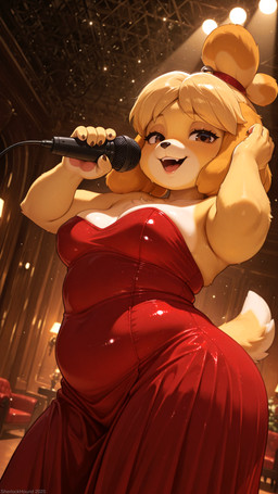 anthro big_butt blush breasts brown_eyes butt clothed clothing curvaceous curvy_figure dress female fur furniture inside looking_at_viewer microphone narrowed_eyes nightclub red_clothing red_dress seductive side_boob singing slightly_chubby solo squish tail thick_thighs voluptuous wide_hips yellow_body yellow_fur sherlock_hound_(director) animal_crossing nintendo isabelle_(animal_crossing) canid canine canis domestic_dog mammal 2025 detailed hi_res shaded soft_shading