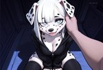 anthro black_clothing black_hoodie black_legwear black_topwear blue_eyes breasts clothing duo female fur hair hoodie kneeling_on_ground legwear male male/female petting rubbing topwear white_body white_fur white_hair c_or3_ai canid canine canis dalmatian domestic_dog human humanoid mammal hi_res