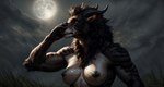 amber_eyes anthro areola belly_scales biceps black_areola black_nipples bovid brown_body brown_fur caprine chimera countershading degenstoic felid female fur goat grass hand_on_face hi_res hybrid implied_transformation lion mammal mane moon muscular muscular_female mythological_chimera night nipples pantherine plant reptile scales scalie shocked snake solo standing striped_body striped_fur stripes