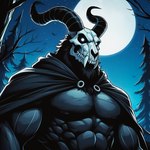 2_horns abs anthro backlighting biceps biped black_body black_cloak black_clothing black_fur black_horn black_mane black_nipples bone broad_shoulders cloak cloak_only clothed clothed_anthro clothed_male clothing curved_horn dall-e_3 dark_body dark_fur dark_mane dark_nipples dead_tree detailed_background empty_eyes evergreen_tree fangs forearm_muscles forest forest_background full_moon fur glowing glowing_eyes head_horn horn light looking_at_viewer male mane manly monotone_body monotone_fur moon moonlight muscular muscular_anthro muscular_arms muscular_male mythology nature nature_background night nipples obliques outside partially_clothed pecs pine_tree plant ridged_horn serratus sharp_teeth skull skull_head sky snout solo standing star starry_sky teeth three-quarter_view tree wavy_horn zenithwolf ambient_bat demon monster mythological_creature wendigo 9:7 blue_theme cool_colors digital_media_(artwork) half-length_portrait hi_res lighting portrait shaded