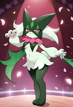 anthro dancing female looking_at_viewer pink_eyes smug solo standing nintendo pokemon felid generation_9_pokemon mammal meowscarada pokemon_(species) absurd_res hi_res
