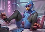 alex2018 anthro avian beak bed bird blue_body breasts clothing crossgender falco_lombardi falcon falconid feathers feet female furniture genitals hi_res legwear looking_at_viewer lying mtf_crossgender navel neon_lights nintendo nipples non-mammal_breasts non-mammal_nipples on_back on_bed pawpads paws presenting pussy seductive smile solo spread_legs spreading star_fox stockings toes yellow_beak