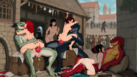 5_fingers animal_genitalia animal_penis anthro anthro_penetrating anthro_penetrating_female anthro_penetrating_human anus areola balls being_watched big_breasts biped black_body black_claws black_hair blush bodily_fluids boots breast_play breasts brown_hair building butt butt_grab claws clothed clothing countershading cowgirl_position cum cum_drip cum_from_pussy cum_in_pussy cum_inside cum_on_body cum_on_butt cum_on_leg cum_on_penis day detailed_background digitigrade dripping erection exhibitionism eyes_closed feet fellatio female female_on_anthro female_on_top female_penetrated finger_claws fingers footwear french_kissing from_front_position genital_fluids genital_slit genitals green_body green_scales group group_sex hair hand_on_butt hand_on_head head_grab horn human_on_anthro human_penetrated interspecies kissing kneeling knot larger_male leaking_cum licking long_hair looking_at_another looking_pleasured male male/female male_anthro male_on_human male_penetrating male_penetrating_female mastery_position medieval medieval_fantasy multicolored_body muscular muscular_anthro muscular_male mythology nipples nude on_bottom on_top open_mouth oral oral_penetration orgasm outside outside_sex penetration penile penile_penetration penis penis_in_pussy pillow pink_penis public public_nudity public_sex pussy red_body red_hair red_penis red_scales saliva scales sex sitting size_difference sky slit smaller_female smile spread_legs spreading standing tail tan_body teeth toe_claws toes tongue tongue_out topless topless_female vaginal vaginal_penetration voyeurism anotheranon dragon human lizardman mammal mythological_creature mythological_scalie reptile scalie wingless_dragon hi_res