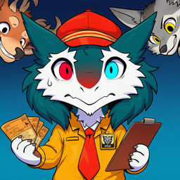 ambiguous_gender anthro antlers blue_eyes bodily_fluids brown_body brown_fur claws clipboard clothed clothing fur green_body green_fur grey_body grey_fur group hat headgear headwear heterochromia holding_object horn logo looking_at_viewer male money necktie red_eyes simple_background smile solo_focus sweat sweatdrop ticket topwear trio uniform yellow_eyes sergalbutt blizzard_entertainment e6ai warcraft jello_(jelloponies) mlem_(mlem) sparkz_(sergalbutt) canid canine canis cervid mammal sergal vulpera wolf director_name signature