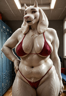 anthro belly bikini bikini_top black_lips bodily_fluids breasts camel_toe chest_tuft claws clothing crotch_tuft female front_view fur hand_on_hip horn inside lips locker_room looking_at_viewer mature_female medium_breasts navel nipple_outline slightly_chubby smile solo standing sweat sweatdrop sweaty_body swimwear thick_thighs thong thong_bikini tuft underwear white_body white_claws white_fur wide_hips chamir136_(director) undertale_(series) toriel bovid caprine goat humanoid mammal hi_res