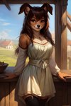 anthro brown_body brown_eyes brown_fur brown_hair clothing farm farm_girl female fur hair legwear outdoors peasant smile smiling_at_viewer solo stockings canid canine canis domestic_dog mammal attempted_signature