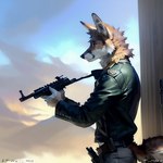 anthro canid canine cinematic_lighting clothing fluffy fluffy_tail fur gun handgun jacket looking_away male mammal pistol ranged_weapon solo topwear weapon