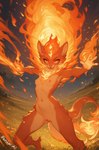 action_pose anthro breasts chest_tuft countershading elemental_manipulation female field field_background fire fire_manipulation flaming_tail fur genitals inner_ear_fluff looking_at_viewer navel night nipples open_mouth orange_body orange_eyes orange_fur pose pubes pussy reaching_towards_viewer small_breasts smile solo spread_legs spreading tuft fenix_ai elemental_creature felid fire_creature mammal hi_res watermark