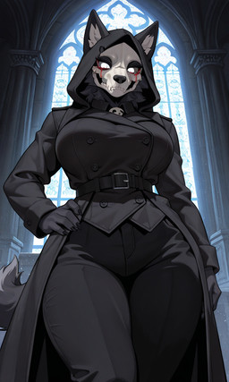 anthro blood bodily_fluids clothing coat female gothic mask skull_mask solo topwear trenchcoat canid canine canis mammal wolf hi_res
