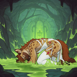 anthro bulge cave clothed clothing crossdressing defeated dress eyes_closed footwear fur legwear male moss multicolored_body multicolored_fur panties pelvic_curtain plant slime socks solo stuck tail thigh_highs underwear plapenjoyer hyaenid mammal spotted_hyena