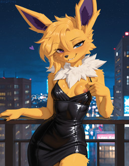 anthro bangs barbell_piercing black_nose blue_eyes blush breasts city city_background claws clothed clothing clothing_pull dress female finger_claws fingers fur fur_collar hair heterochromia looking_at_viewer narrowed_eyes night nipple_piercing nipple_slip nipples outside piercing presenting presenting_breasts purple_eyes seductive small_breasts smile smirk smirking_at_viewer solo standing swept_bangs tuft yellow_body yellow_fur asp791_(director) nintendo pokemon jamie_(asp791) canid canine canis eeveelution generation_1_pokemon jolteon mammal pokemon_(species) absurd_res hi_res signature trans_(lore)