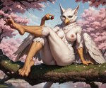 anthro big_breasts breasts cherry cherry_blossom feet female food foot_focus fruit genitals holding_object legs_up looking_at_viewer muscular nipples open_mouth pawpads plant pose pussy seductive sitting smile solo thick_thighs wide_hips wings jazzhands_(director) avian gryphon mammal mythological_avian hi_res