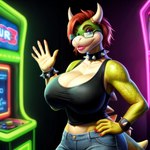 abs anthro arcade big_breasts black_clothing black_topwear blue_bottomwear blue_clothing blue_eyes blue_jeans blue_pants bottomwear bracelet breasts clothed clothing collar dakka denim denim_clothing eyewear female gesture glasses green_body green_scales hair hand_on_hip hi_res horn huge_breasts jeans jewelry koopa lips looking_at_viewer multicolored_body muscular neon nintendo non-mammal_breasts pants pink_lips red_hair reptile scales scalie smile solo spiked_bracelet spiked_collar spikes spikes_(anatomy) topwear waving