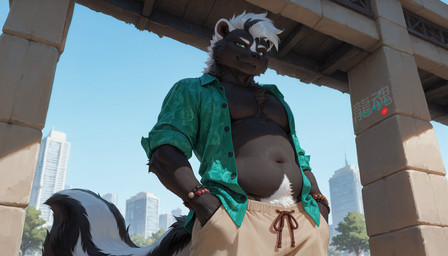 anthro beads clothed clothing collared_shirt green_eyes hair looking_at_viewer looking_down male muscular muscular_male navel open_clothing open_shirt open_topwear outside pubes shirt slightly_chubby solo standing topwear white_hair ulf jasper_(ryukon) mammal mephitid skunk hi_res