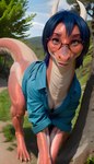 absurd_res blue_hair bottomless clothed clothing dragoness eyewear female feral glasses glenkobold hair hi_res horn looking_at_viewer partially_clothed photorealism portrait quadruped red_body red_scales reptile scales scalie shirt shirt_only smile solo tail_up topwear topwear_only transformation