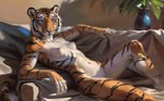 anthro barely_visible_genitalia barely_visible_pussy blue_eyes breasts degenstoic detailed_background felid female genitals hi_res looking_at_viewer mammal nipples nude pantherine pussy reclining slim solo tiger