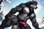 abs absurd_res animal_genitalia animal_penis anthro ascar balls big_balls big_penis bodily_fluids canid canine canine_genitalia canine_penis canis chest_tuft fur genital_fluids genitals grey_body grey_fur hair hatiwarg_fursona hi_res huge_balls knot male mammal mohawk muscular muscular_male neck_tuft nipple_piercing nipples outdoors pecs penis piercing precum pubes red_hair saggy_balls snow solo tuft winter winter_background wolf