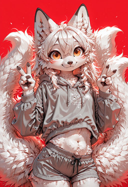 anthro black_body black_fur bottomwear cheek_tuft claws clothed clothing dipstick_ears ears_up eyeliner facial_tuft female fluffy fox_ears fox_tail front_view fur gesture hair hoodie long_hair looking_at_viewer makeup multi_tail multicolored_ears navel pawpads raised_tail red_background shorts simple_background smile solo standing tail topwear tuft v_sign white_body white_fur white_hair yellow_eyes young neural_bunny canid canine fox mammal absurd_res hi_res