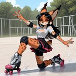 anthro biped bottomwear breasts clothing female fence knee_pads prick_ears roller_skates skirt solo wet wet_clothing anonymous_director invoke_high felid feline mammal hi_res