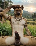 anthro balls foreskin genitals grass humanoid_genitalia humanoid_penis jewelry looking_at_viewer male nature nature_background navel necklace nipples outside penis plant pubes solo tree stbz hyaenid mammal hi_res