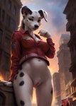 anthro bottomless breasts canid canine canis clothed clothing dalmatian domestic_dog female firefighter_uniform genitals hi_res looking_at_viewer low-angle_view mammal navel outside pussy solo uniform wolf552906