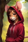 anthro big_ears brown_eyes brunette clothed clothing female fur hoodie raised_clothing raised_hoodie raised_topwear smile solo tan_body tan_fur teenager topwear young mindry lyndsay mammal mouse murid murine rodent