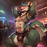 anthro big_butt bottomwear breasts bulge butt clothed clothing crossdressing fishnet fur genitals girly huge_butt hyper looking_at_viewer male miniskirt multi_nipple nightclub nipples skirt small_breasts smile solo thong_straps wide_hips doggyai link_(wolf_form) canid canine canis mammal wolf absurd_res hi_res