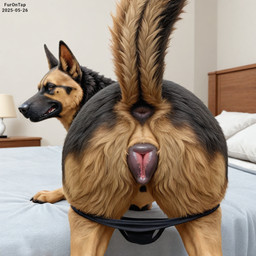 animal_genitalia animal_pussy anus bed bedroom black_body black_clothing black_fur black_panties black_underwear brown_body brown_eyes brown_fur butt canine_genitalia canine_pussy clothing female feral fur furniture genitals inside looking_at_viewer looking_back looking_back_at_viewer multicolored_body multicolored_fur panties panties_around_legs panties_on_feral presenting presenting_hindquarters presenting_pussy pussy raised_tail realistic_feral rear_view solo underwear furontap canid canine canis domestic_dog german_shepherd herding_dog mammal pastoral_dog 1:1 2025 colored portrait three-quarter_portrait