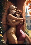 2024 anthro autumn black_nose blonde_hair blue_eyes blurred_background bottomless branch brick brick_wall brown_body brown_eyes brown_fur building clothed clothing countershade_face countershade_neck countershade_torso countershading dress duo eyebrows eyelashes female female/female fingernails flower fur grass hair hugging indigofurrymix_xl_(model) inner_ear_fluff long_hair looking_at_viewer nails otter_tail outside pattern_clothing pattern_dress pattern_topwear plant plant_pot potted_plant red_clothing red_dress red_topwear short_hair side_view sky standing topwear topwear_only tree tuft vines wall_(structure) whisker_spots whiskers window yellow_clothing yellow_dress yellow_topwear oaf40 lutrine mammal mustelid absurd_res colored hi_res signature