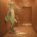 anthro bodily_fluids cum flaccid foreskin genital_fluids genitals humanoid_genitalia humanoid_penis male nude penis public sauna solo nonimousmate jack_the_kobold humanoid kobold hi_res